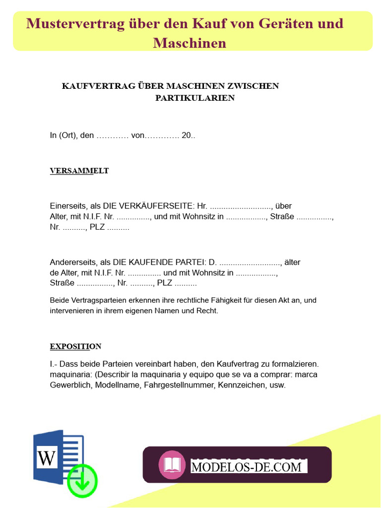 Wunderschne Kaufvertrag Gebrauchte Maschine Pdf Fotos