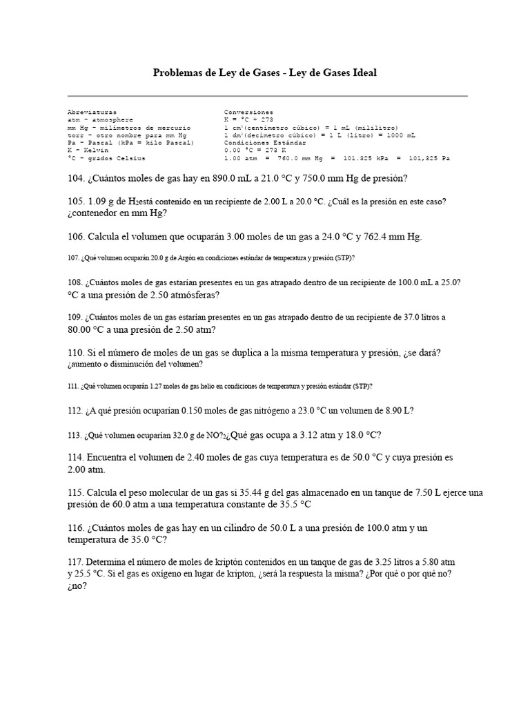 Problemas de Ley de Gases Ideal | PDF | Gases | Mole (Unidad)