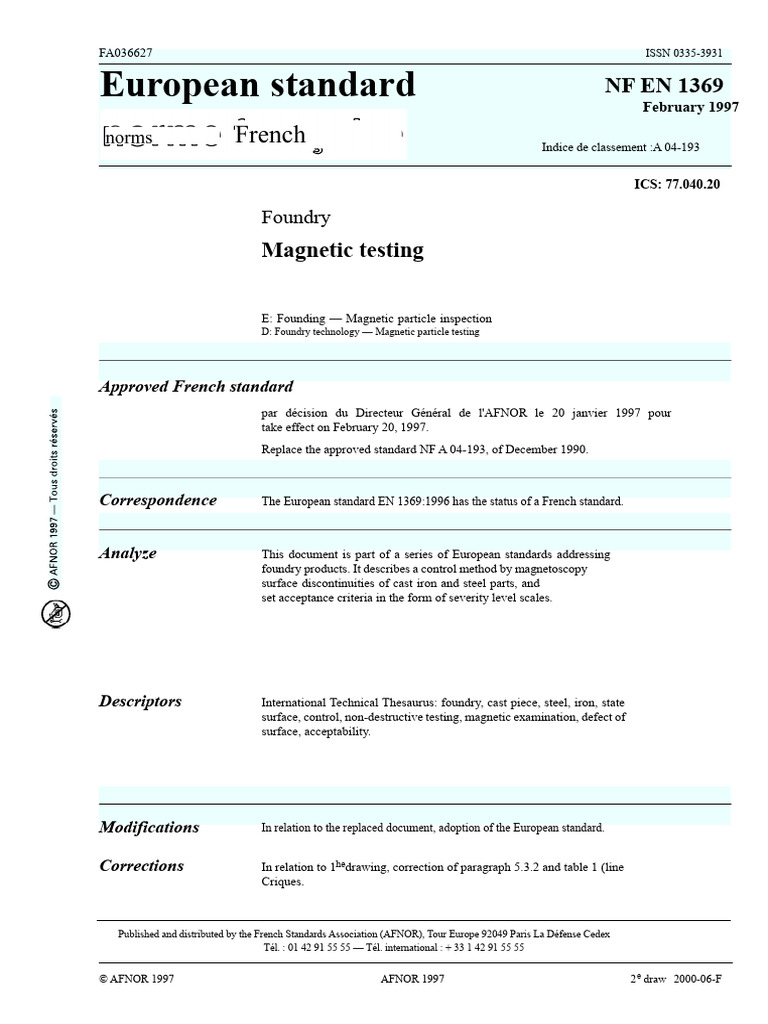 Foundry Magnetic Testing Standard EN 1369 | PDF | Nondestructive Testing