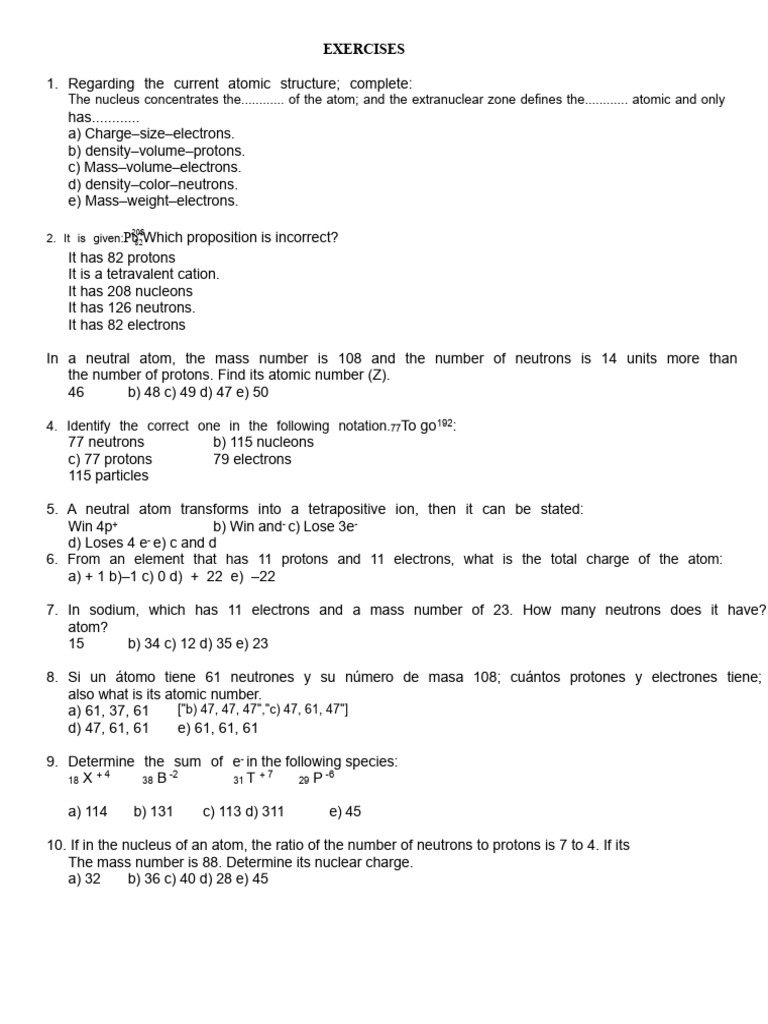 Exercises On Atomic Structure | PDF | Atoms | Proton