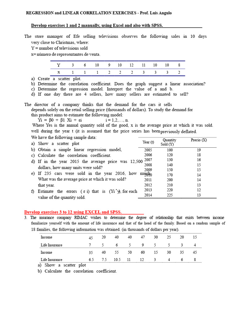 Regression and Correlation Exercises Guide | PDF | Linear Regression ...