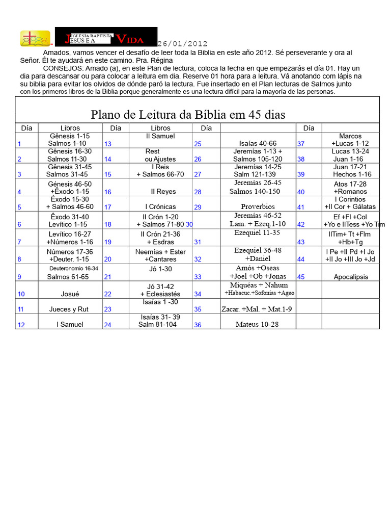 Plan de Lectura Bíblica 45 días revisado | PDF | Libros de la Biblia ...