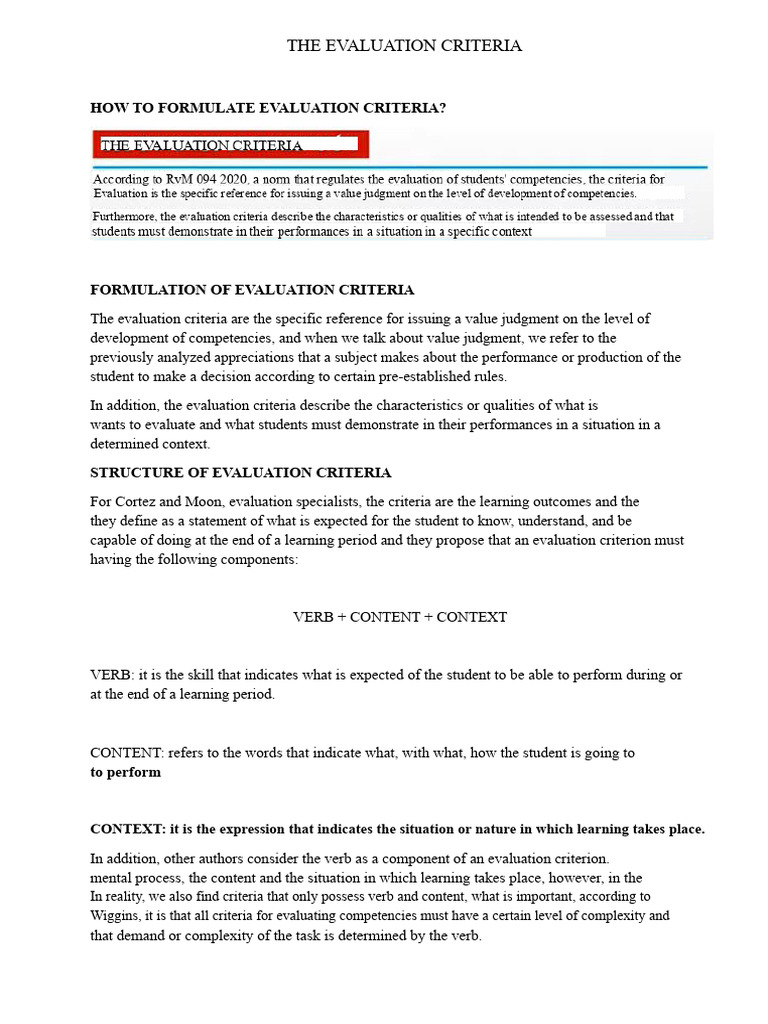 THE EVALUATION CRITERIA | PDF | Evaluation | Learning