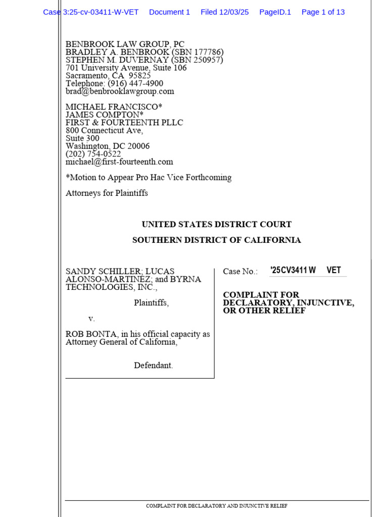 Schiller v. Bonta Complaint | PDF | Second Amendment To The United ...