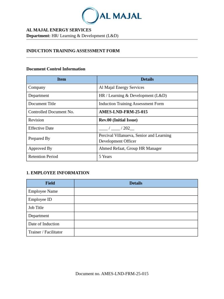 Induction Training Assessment Form | PDF