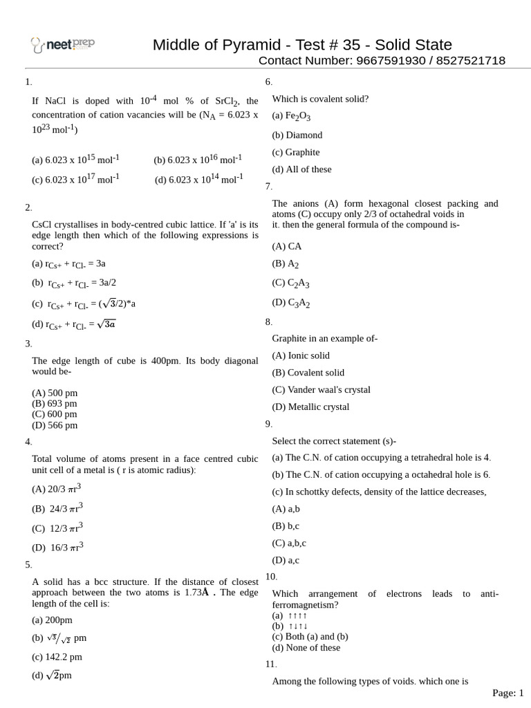 Test 35 - Solid State - Middle of Pyramid | PDF | Crystal Structure ...