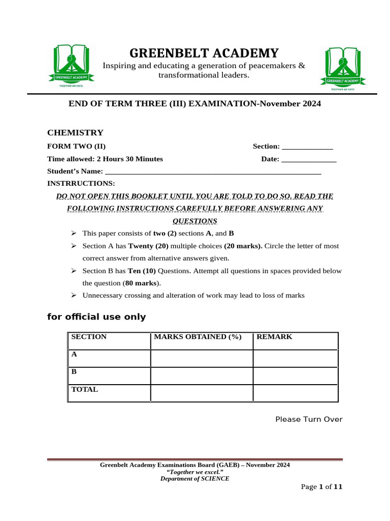 Chemistry Exam Paper Form II - Nov 2024 | PDF | Ph | Chemical Bond