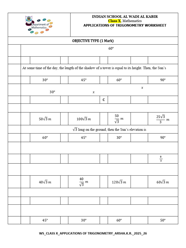 8894699-Cl X Ws10 Applications of Trigonometry Arsha.k.r. 2025 26 | PDF ...