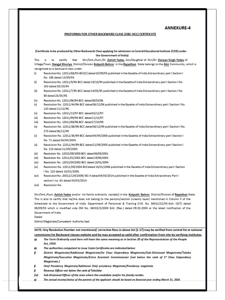 OBC-NCL Certificate Proforma for Admission | PDF | Politics Of India ...