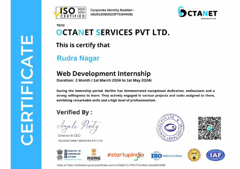 OCTA Web Intern Certificate | PDF