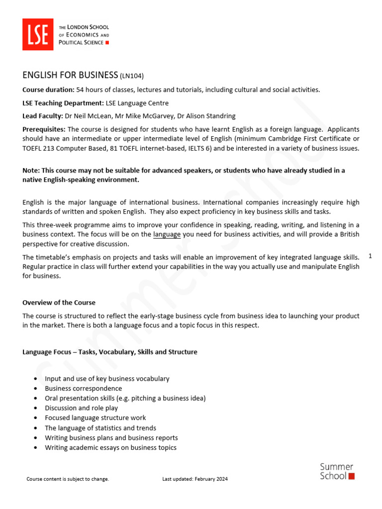 English for Business Course Overview | PDF | English Language | Test Of ...