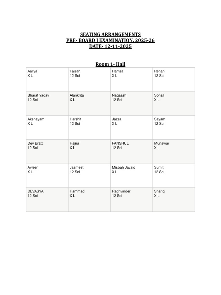2025-26 Pre-Board Exam Seating Plan | PDF