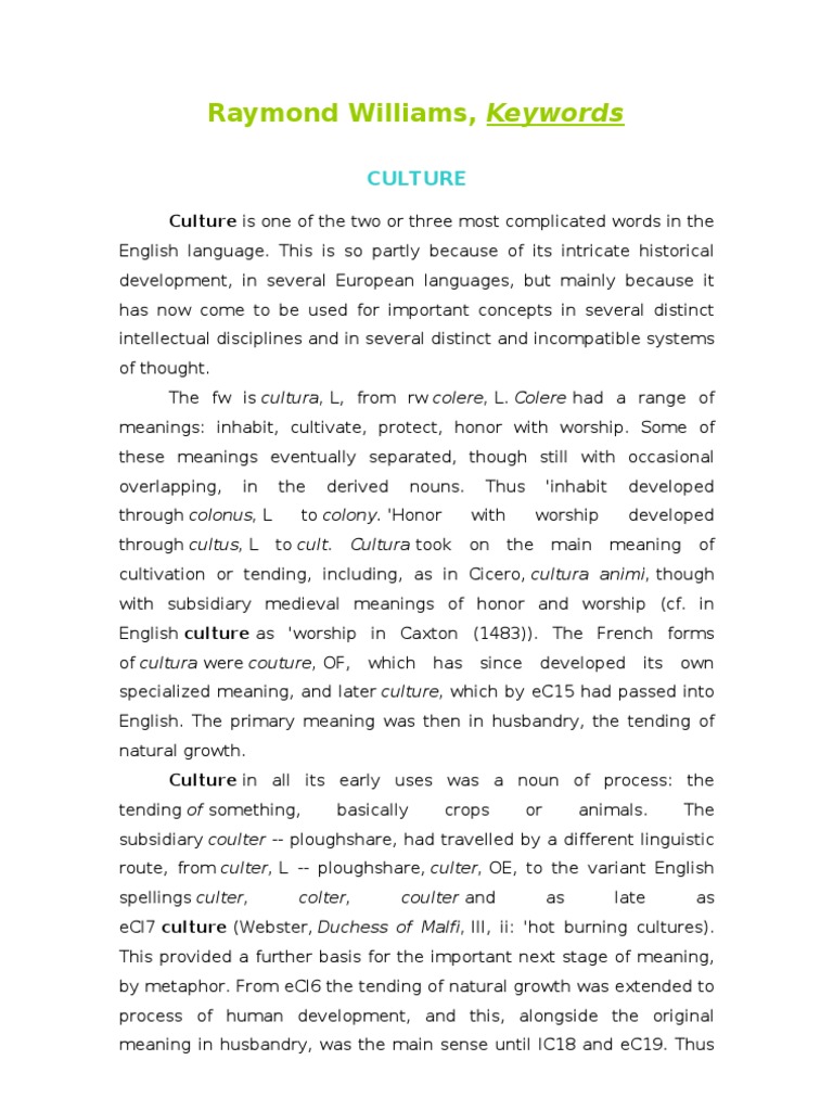 Culture - Raymond Williams | PDF | Civilization | Anthropology