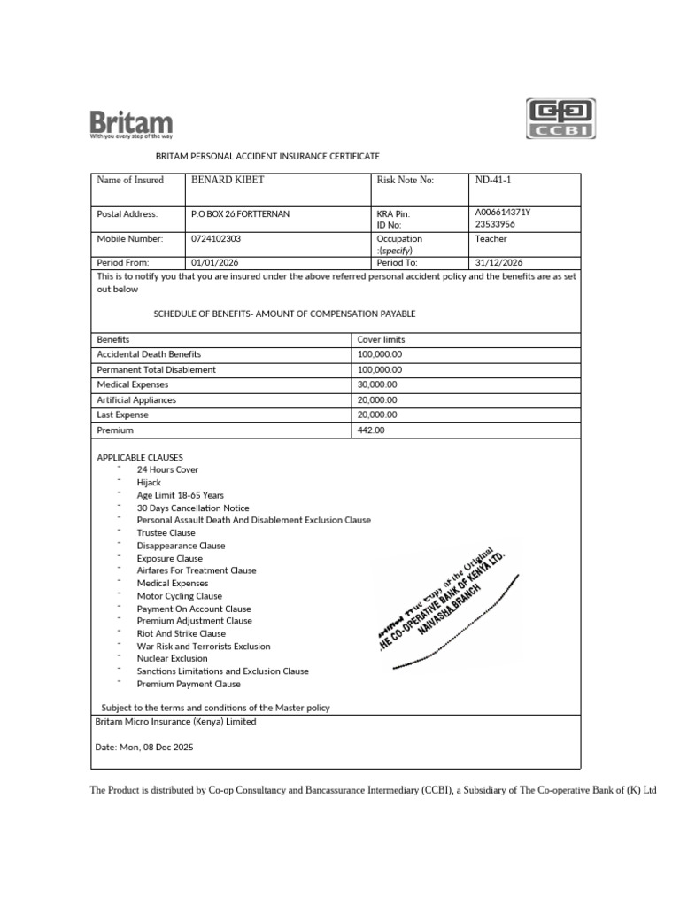 Britam Personal Accident Insurance Certificate | PDF
