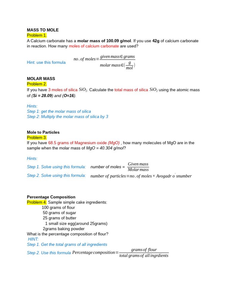Mass to Mole Calculations Guide | PDF