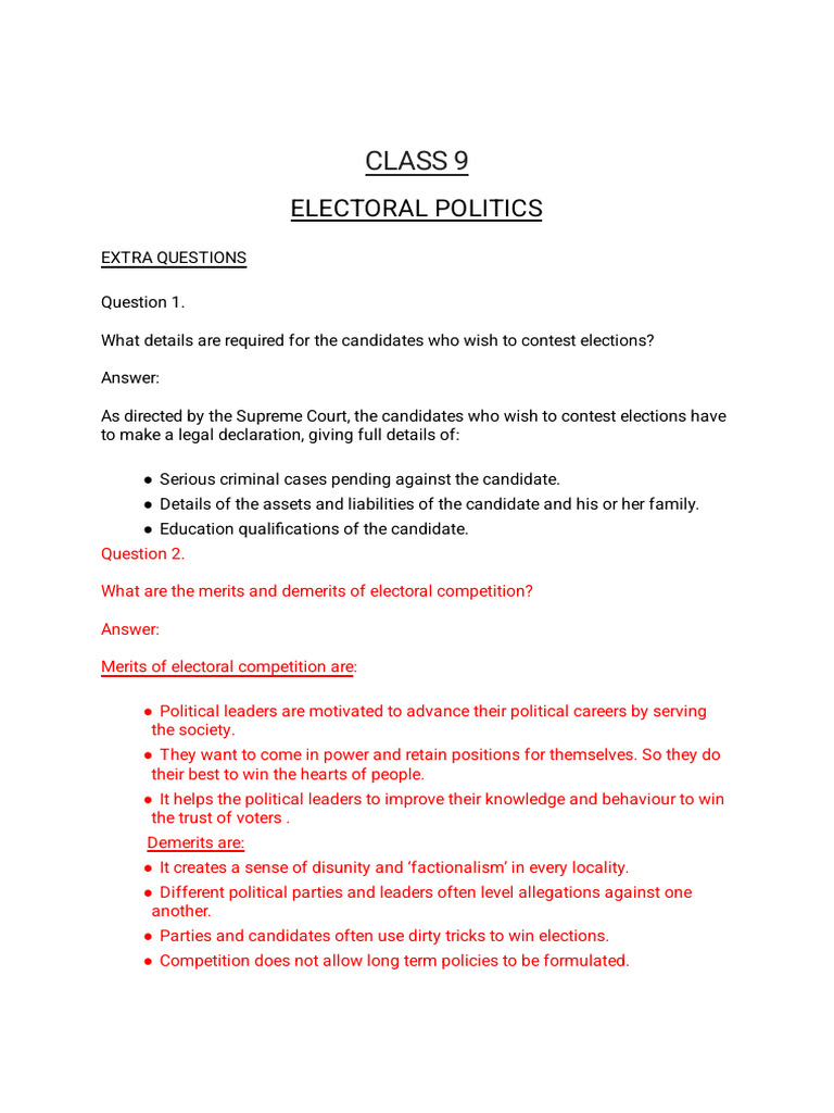 Class 9 Electoral Politics Q&A Guide | PDF | Elections | Voting