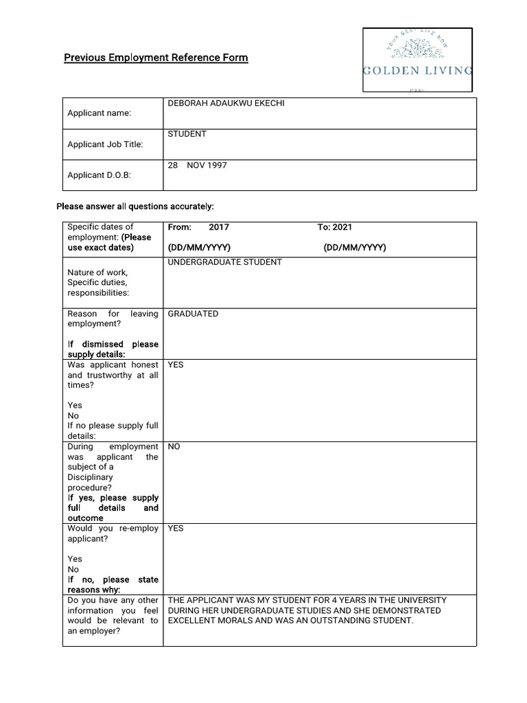 Employment Reference for Deborah Ekechi | PDF