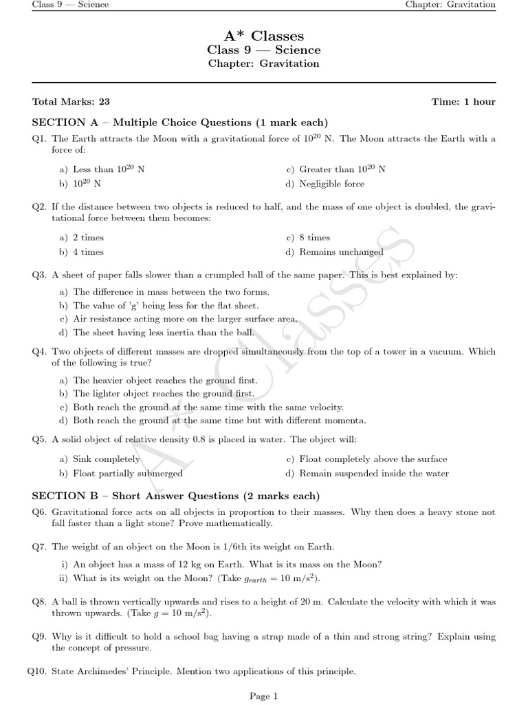 Class 9 Science: Gravitation Questions | PDF | Mass | Force