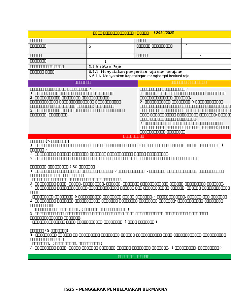 Template RPH Sejarah Tahun 5 2024 | PDF