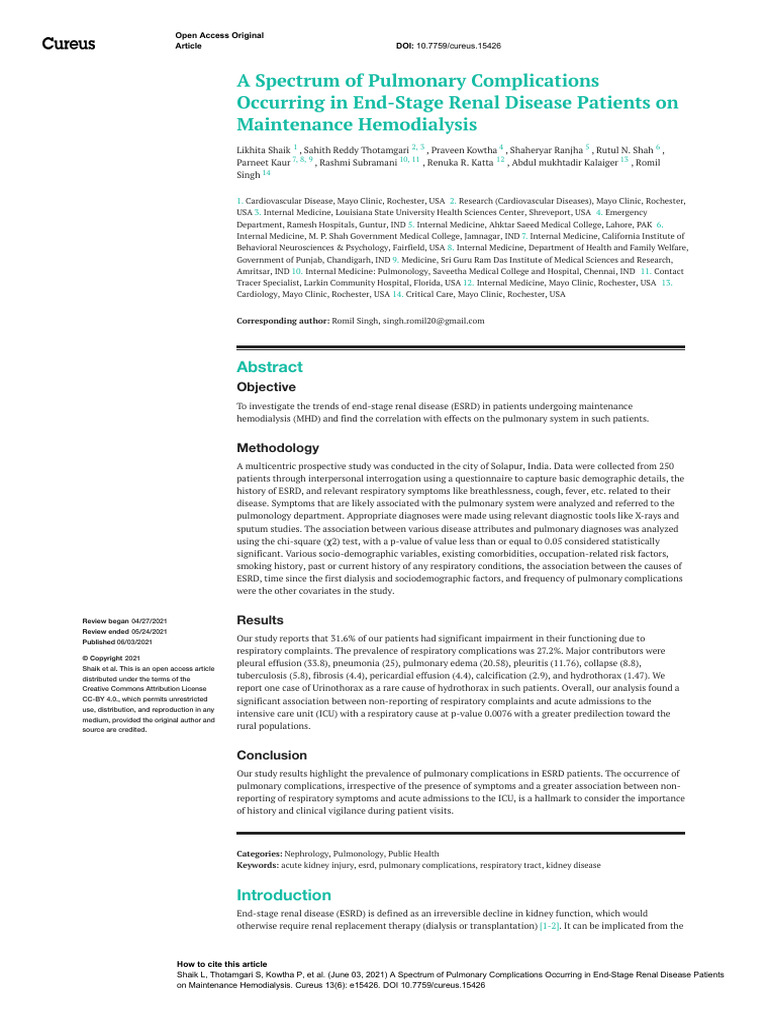 A Spectrum of Pulmonary Complications Occurring in End-Stage Renal ...