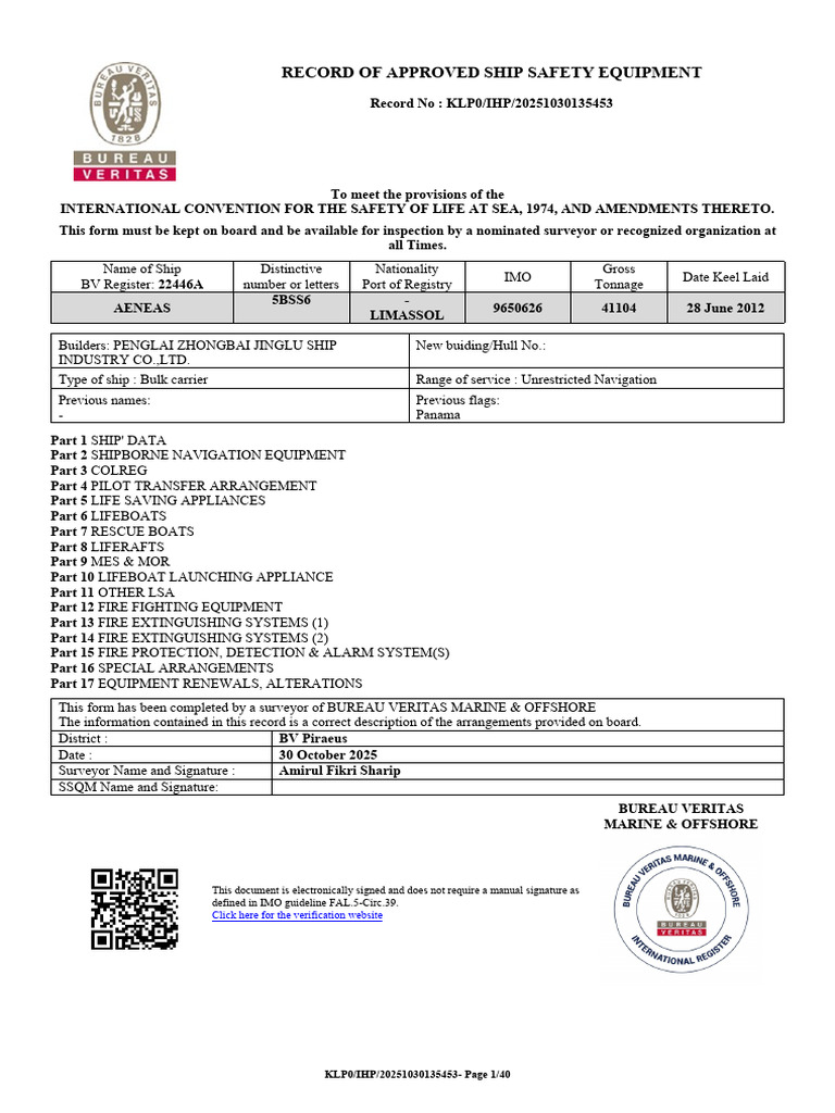 Approved Ship Safety Equipment Record | PDF