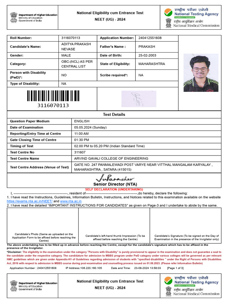 Neet - Ntaonline.in Frontend Web Admitcard Index | PDF | Identity Document