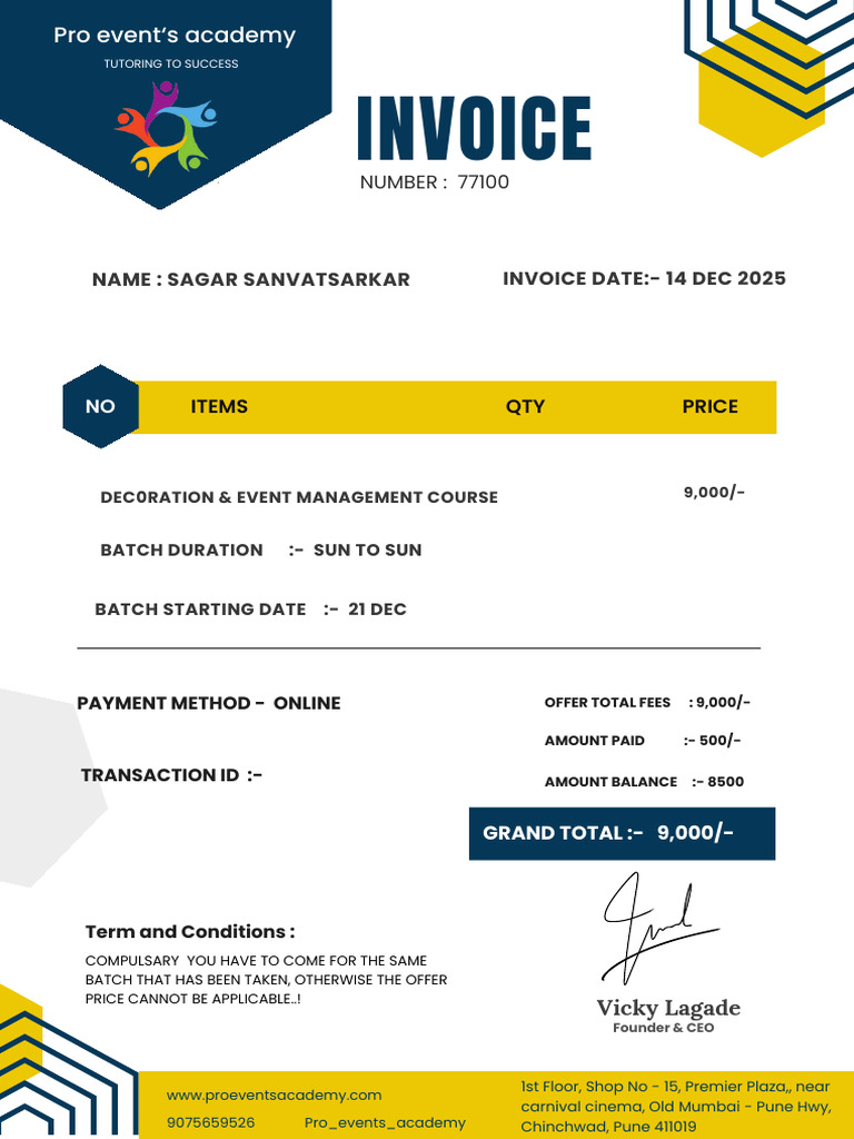 Event Management Course Invoice | PDF