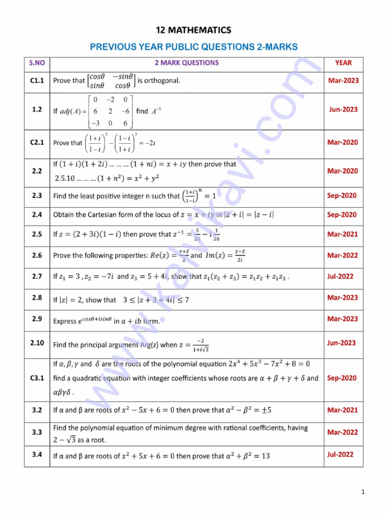 12th Maths Year Wise Collection | PDF