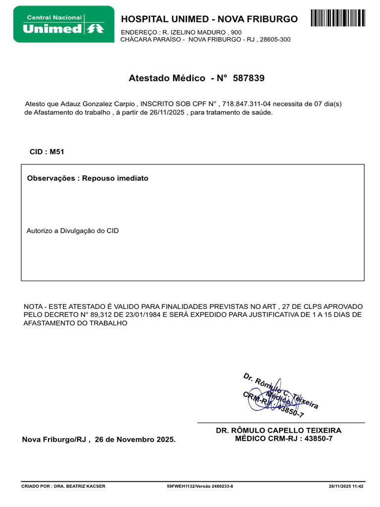 Atestado Médico de Afastamento 7 Dias | PDF