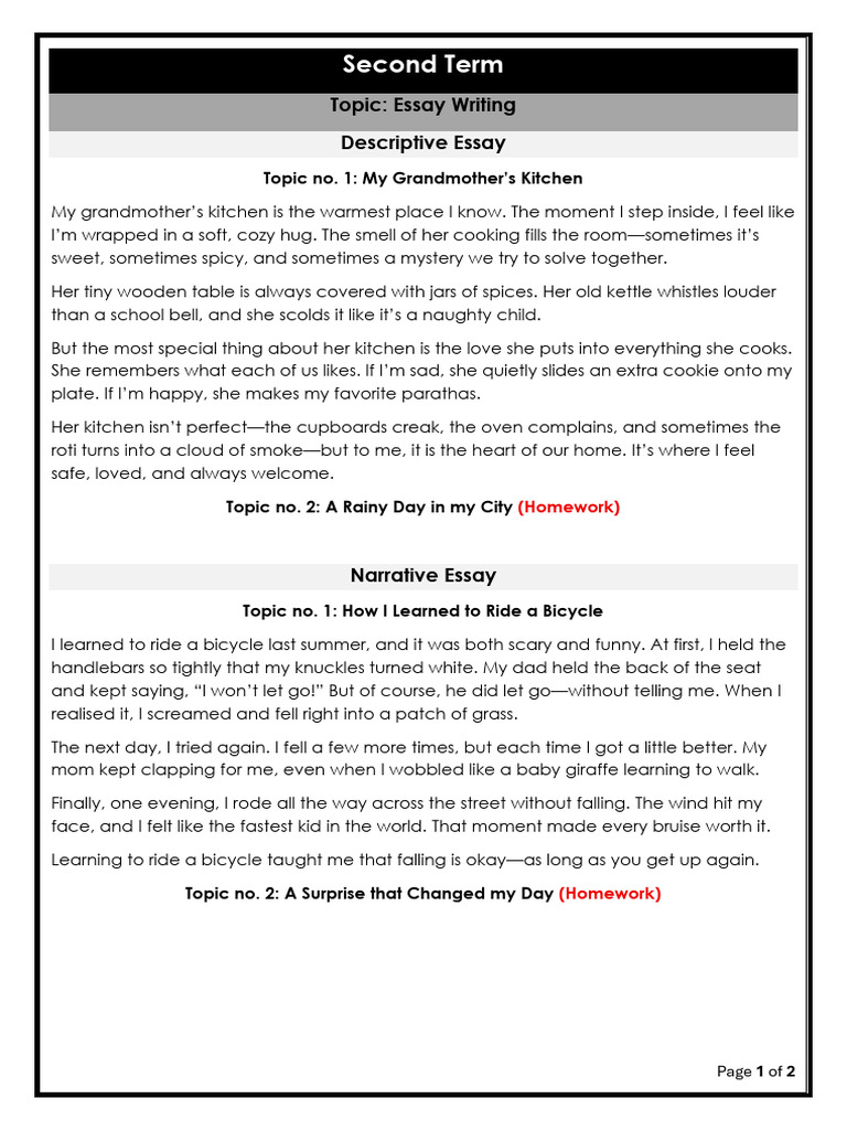 Essay Writing: Descriptive & Narrative Topics | PDF | Educational ...