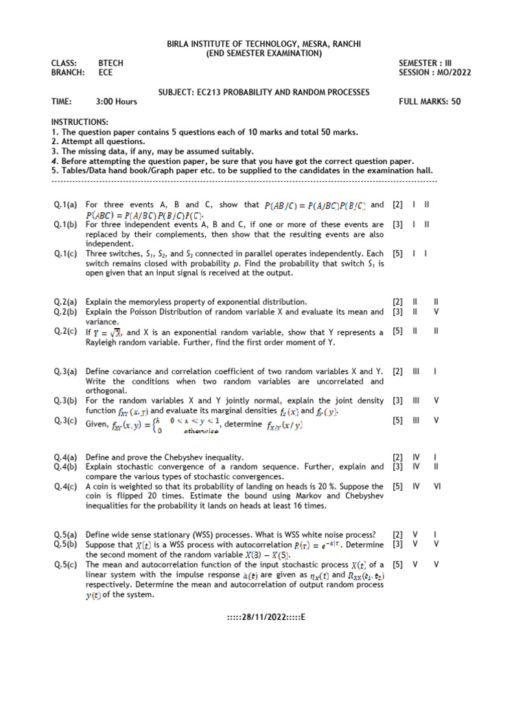 BTech ECE Probability Exam Paper | PDF | Autocorrelation | Stochastic ...