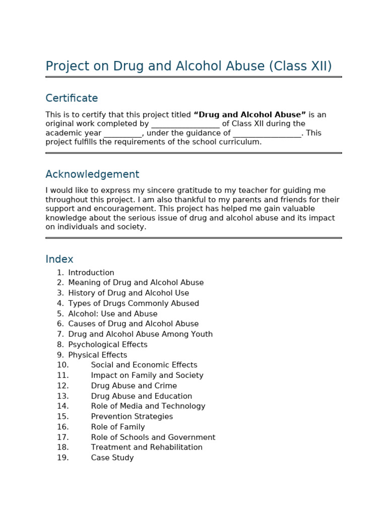 Project On Drug and Alcohol Abuse | PDF | Substance Abuse | Drug ...