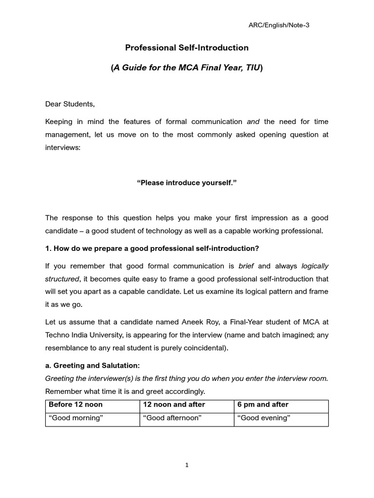 3. Professional Self-Introduction - MCA 2 | PDF | Human Communication