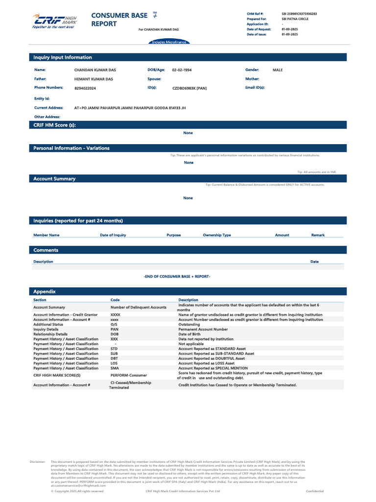 Credit Report for Chandan Kumar Das | PDF
