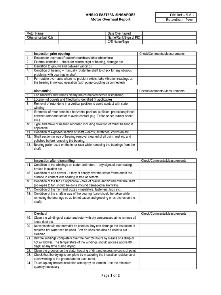 Motor Overhaul Procedure Report | PDF | Bearing (Mechanical ...