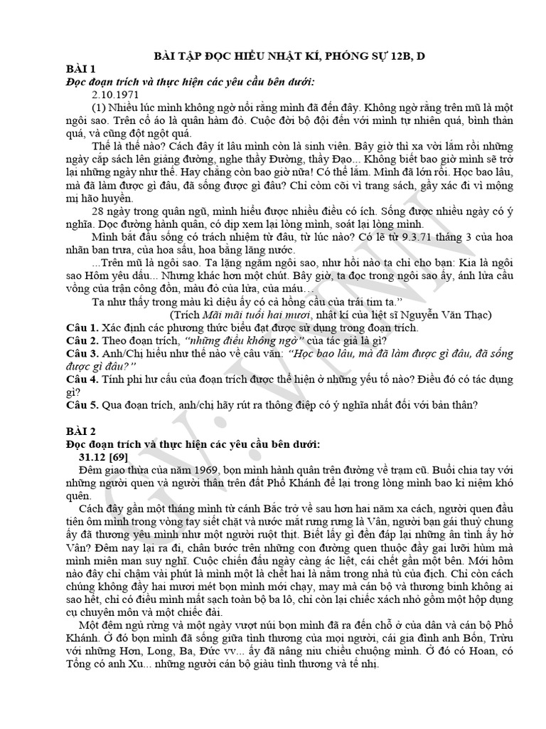 Bai Tap TH Doc Hieu Phong Su, Nhat Ki 12D, B | PDF