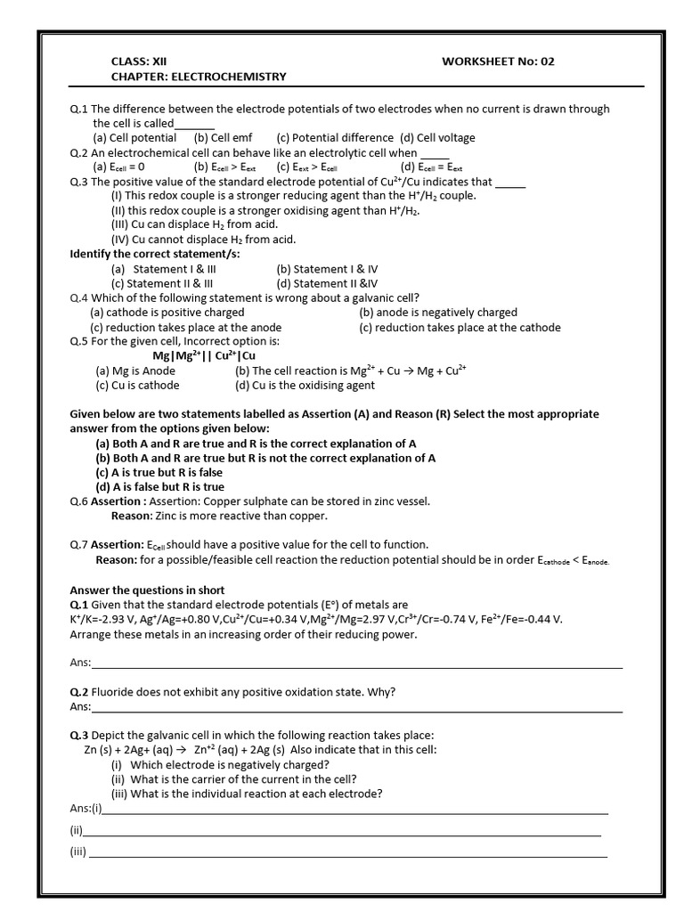 Electrochemistry Worksheet for Class XII | PDF | Redox | Electrochemistry