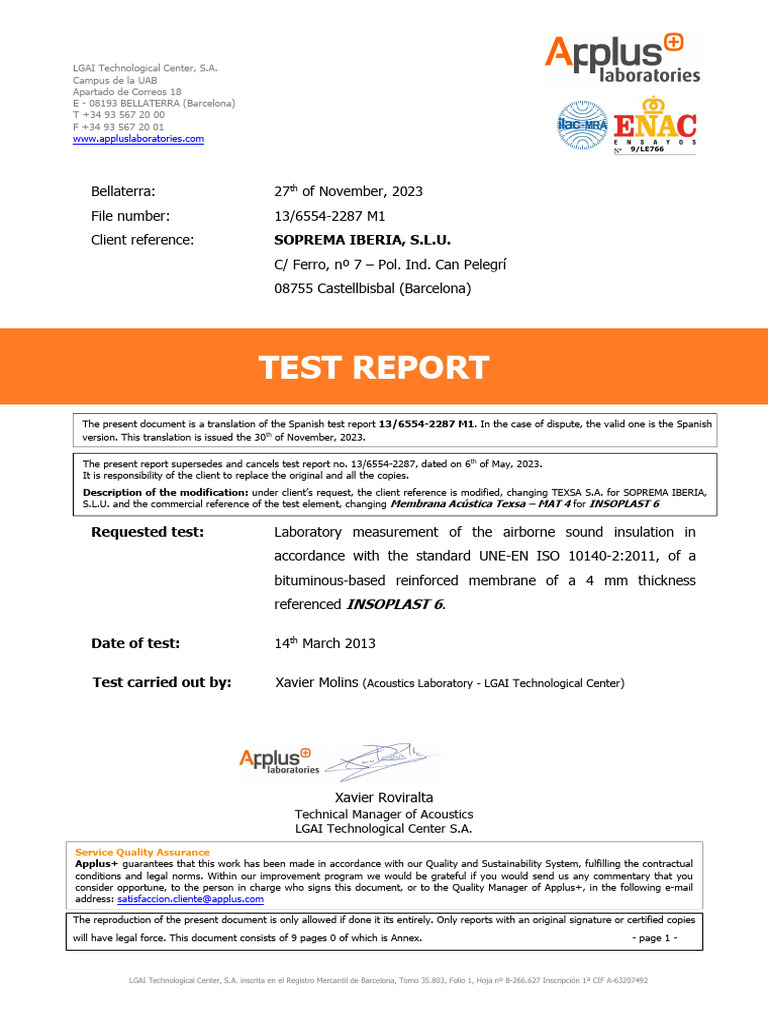 Airborne Sound Insulation Test Report | PDF | Decibel | Sound