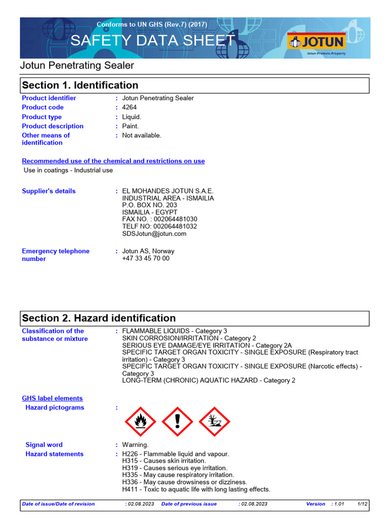 SDS 4264 Jotun Penetrating Sealer Euk EG | PDF | Toxicity ...
