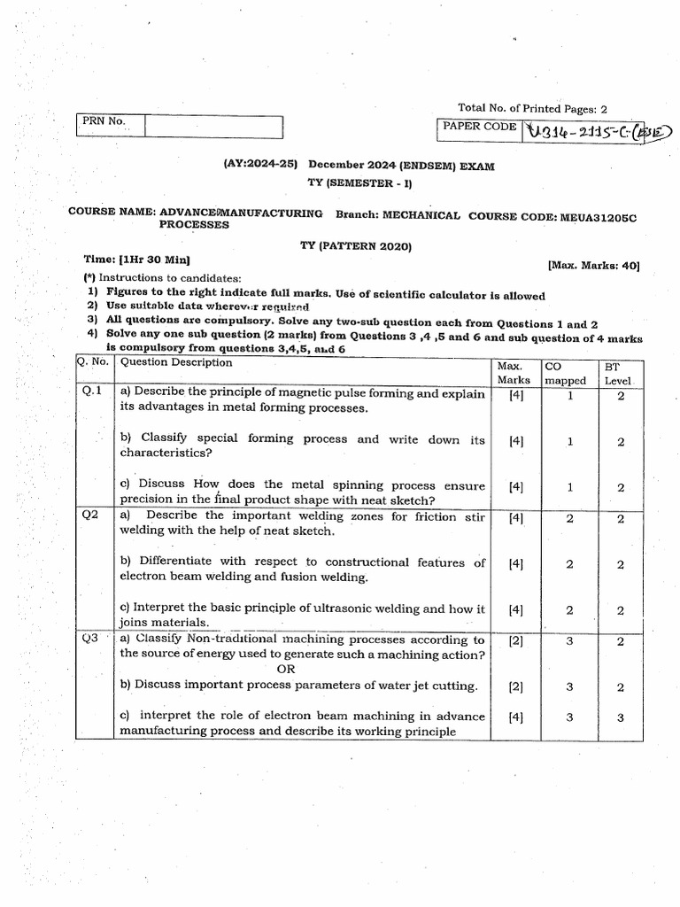 Advance Manufacturing Processes Sem I P2020 EndsemExam Dec2024 Mech | PDF