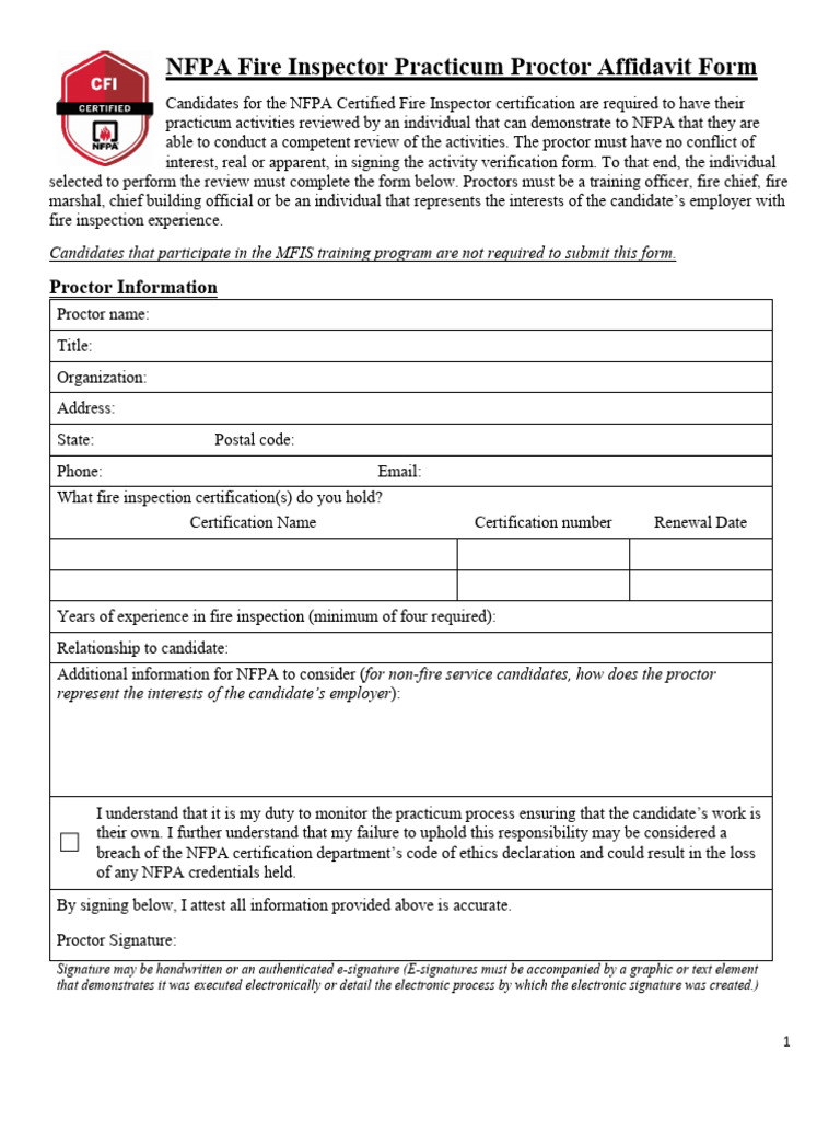 NFPA Fire Inspector Proctor Affidavit Form | PDF