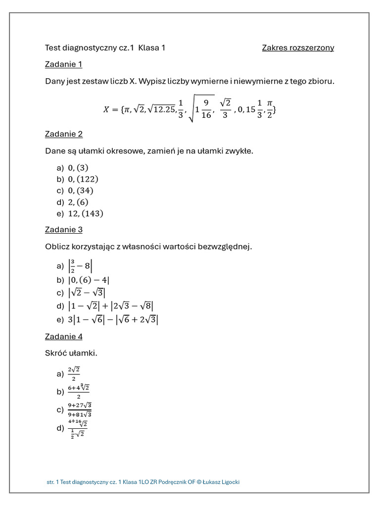 Test Diagnostyczny CZ 1 LO 1 ZR of | PDF