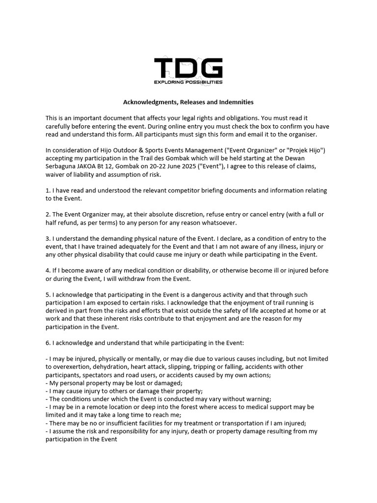 TDG25 Indemnities Form | PDF | Indemnity | Private Law