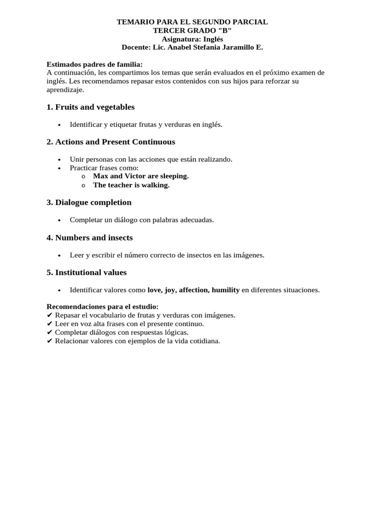 Temas del Segundo Parcial de Inglés 3B | PDF