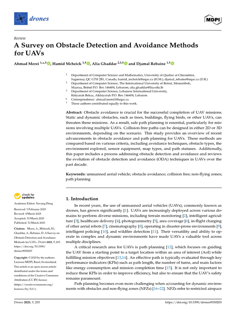 UAV Obstacle Detection and Avoidance Survey | PDF | Computer Vision ...