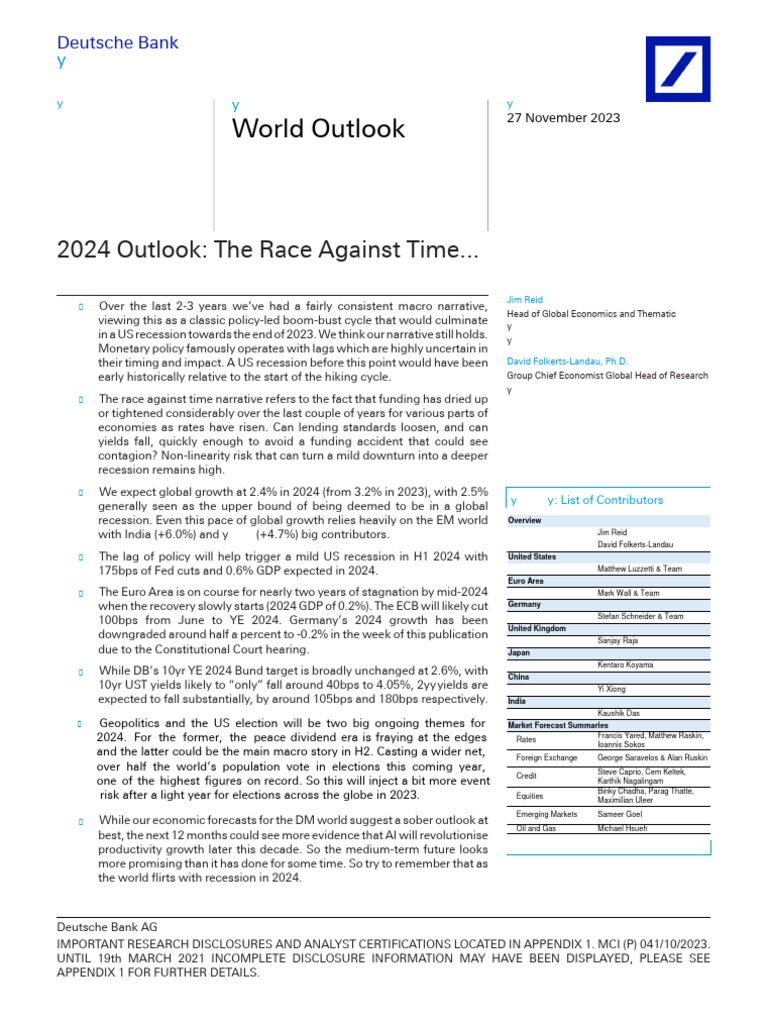 Deutsche Bank - 2024 World Outlook - The Race Against Time | PDF |  Recession | Inflation
