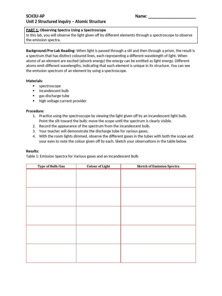 Atomic Structure: Emission Spectra Lab | PDF | Emission Spectrum ...