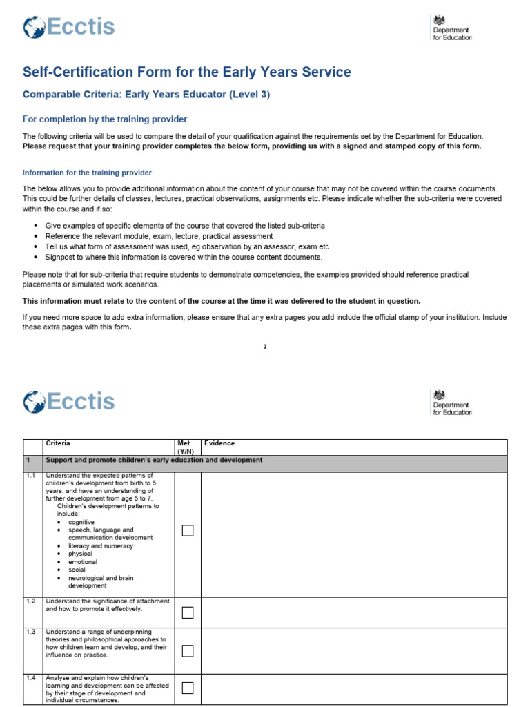 ECCTIS EYE Level 3 Self-certification Form | PDF | Early Childhood ...