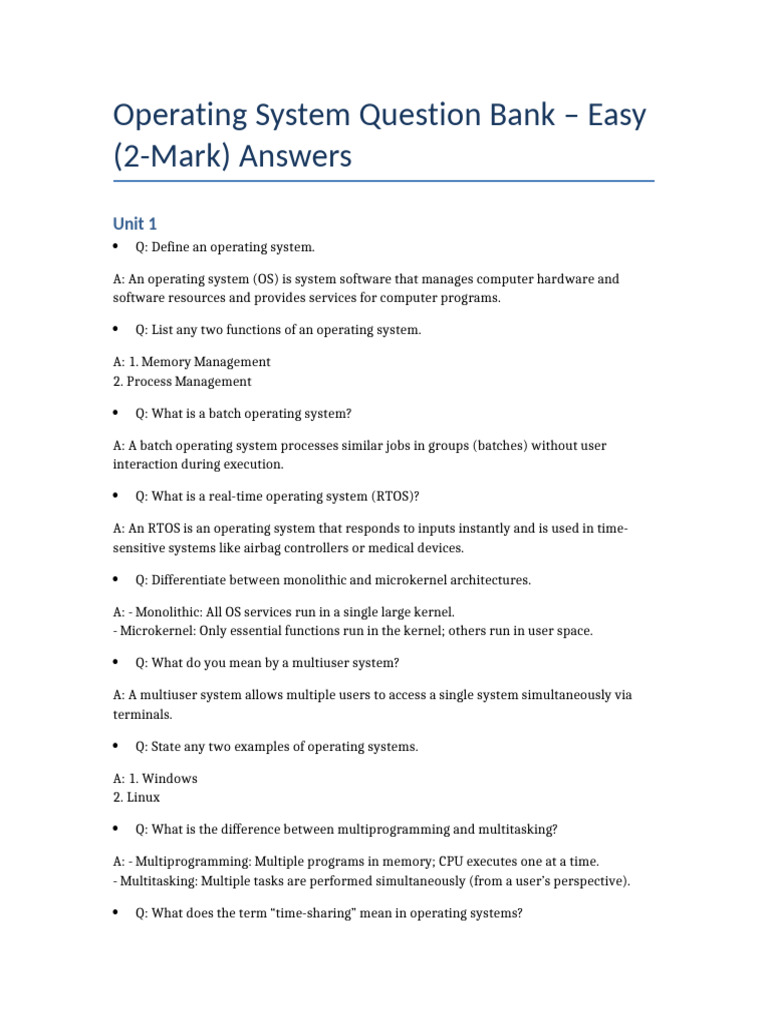 OS Easy 2Mark Answers | PDF | Operating System | Process (Computing)