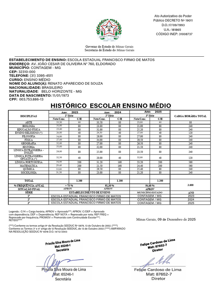 Histórico Escolar Ensino Médio MG | PDF